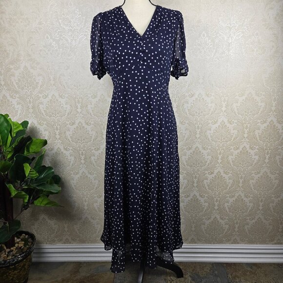 DKNY Size 4 Navy Blue Midi Dress White Polka Dots Vneck Sheer Ruched Sleeves - Picture 1 of 15